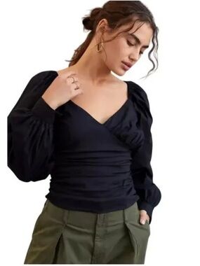 Anthropologie Black Puff-Sleeve Wrap Blouse